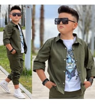 MODAVALS GABARDİN GÖMLEK KARGO CEP PANTOLON ve KAPLAN BASKILI TSHIRT 3 PARÇA ERKEK ÇOCUK TAKIM (Haki)
