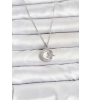 Zincir Gümüş Renk Ay Yıldız Model Zirkon Taşlı Kadın Kolye - EBJ260612W43934