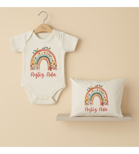 Pia Baby Premium %100 Pamuk İsme Özel Organik Baskılı Çıtçıtlı Bebek Body Ve Yastık Kılıfı 5022-19 (Ekru)