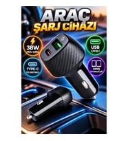 38W Type-C ve USB Çıkışlı PD Destekli Araç Çakmaklık Şarj Cihazı