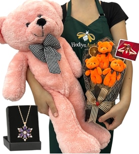 Fotoğraflı 3'lü Peluş Ayıcık Buketi, Gerçek Ametist Taşlı Lotus Kolye ve Pembe Ayıcık (Model 3)