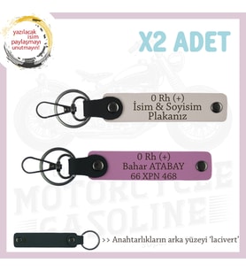 Motorcuya, İsim Plaka ve 0 Rh (+) Kan Grubu Yazılı Özel Tasarım Deri x2 Anahtarlık, Pudra-Pembe-Laci (Çok Renkli)