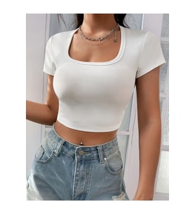 Kadın Kare & Havuz Yaka Crop T-shirt ,Likralı Fitilli Kaşkorse Kumaş