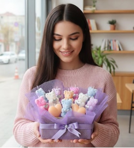Premium Renkli Ayıcık Mum Buketi