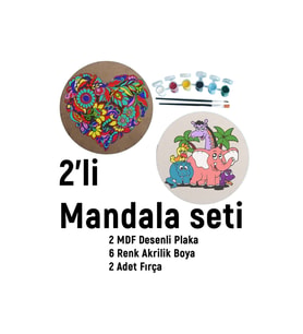 2'li Mandala Boyama Seti- Okul-aile Etkinliği-2 Ham Mdf Plaka, 6 Renk Boya,2 Fırça Model-41