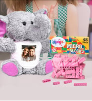 Kişiye Özel Peluş Pembe Fil Ve Renkli Micro Blocks Lego (Pembe)