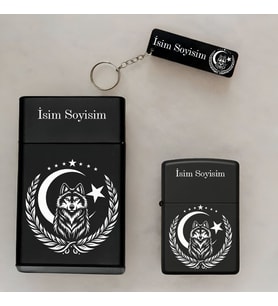 Kurt Ayyıldız Desenli İsimli Çakmak,Metal Tabaka ve Anahtarlık Hediye Seti SMP39