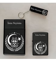 Kurt Ayyıldız Desenli İsimli Çakmak,Metal Tabaka ve Anahtarlık Hediye Seti SMP39 (Siyah)