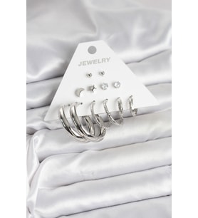 Pirinç Gümüş Renk Halka Modelli 6 Çift Kadın Küpe - TJ-BKP11335