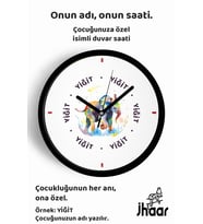 İsme Özel Renkli Fil Desenli Çocuk Odası Duvar Saati Orta Boy 30 cm Siyah Camlı Sessiz