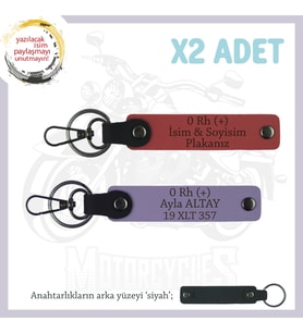 Motosiklete Hediyelik, İsim Plaka ve 0 Rh (+) Kan Grubu, x2' li Deri Anahtarlık, Nar Çiçeği-Mor-Syh (Çok Renkli)