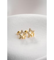 925 Ayar Gümüş Gold Zirkon Taşlı Çift Yıldız Model Küpe