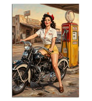 Motosikletli Pinup Kız Benzinlikte Dekoratif Kanvas - Mdf Ahşap Tablo