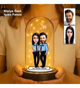 Kişiye Özel Çift Karikatür Fanus  Sevgili ve Evlilere Özel Işıklı Biblo