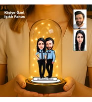Kişiye Özel Çift Karikatür Fanus  Sevgili ve Evlilere Özel Işıklı Biblo