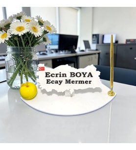 Sümen Ofis Doğal Beyaz Mermer İsimlik Haritalı Gold Tek Kalem ve Mermer Sarı Elma Figürü