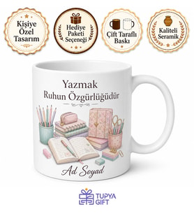 Kişiye Özel Kalem Defter Desenli Baskılı Kupa Bardak Hediye