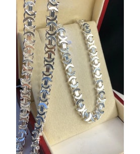 Erkek Gümüş Kolye Bileklik Set - 7mm Euro Kral Zincir Parlak Model Erkek Set • Işıklı Kutuda