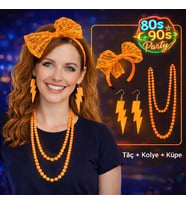 80 ler 90 lar Neon Turuncu Parti Seti - Kolye Küpe Taç