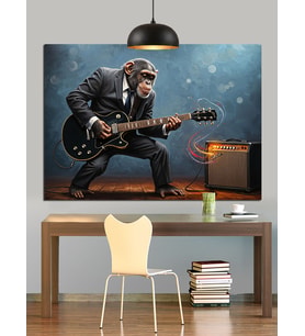 Elektro Gitar Çalan Müzisyen Maymun Dekoratif Kanvas - Mdf Ahşap Tablo