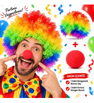 Rengarenk Bonus Saç ve Kırmızı Sünger Burun Seti