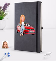 BK Gift Kişiye Özel Plakalı Kadın Volkswagen Polo Karikatürlü Siyah Termo Deri Defter 16x24cm Model 2