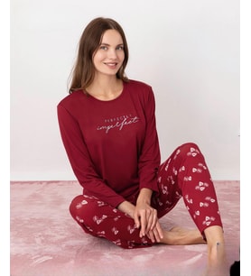 Pijamoni Kadın Milan Bisiklet Yaka Uzun Kol İnce Pijama Takımı 7600/34 - 1 Adet (Kırmızı)