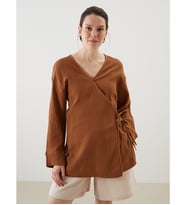 LCWAIKIKI Classic Kahverengi Kruvaze Yaka Dokulu Kadın Kimono
