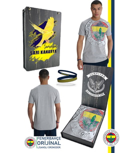 Fenerbahçe Orijinal Lisanslı 6 Renk Logo Gri Tribün T-Shirt + Bileklik Set Hediyelik UV Baskılı Ahşap Kutulu 