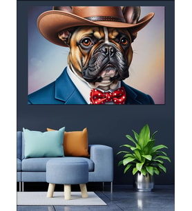 Kovboy Şapkalı Bulldog Köpek Dekoratif Kanvas - Mdf Ahşap Tablo