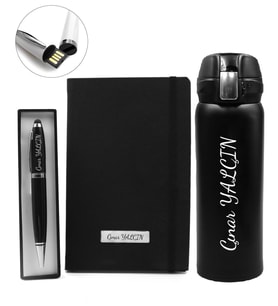 Kişiye Özel Kilitli Çelik Termos & 32 GB Siyah USB Touchpen Kalem & Siyah Defter Hediye Seti (Model 1)