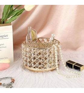 Kristal Taşlı 4 Bölmeli Metal Makyaj Fırçalık ve Takı Düzenleyici Stand 15X11 cm - Lüks Masaüstü Organizer
