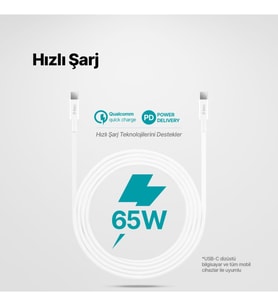 USB-C - USB-C 300cm 60W PD/QC Hızlı Şarj/Data Kablosu Beyaz