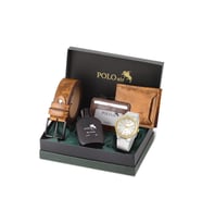 Polo Air Erkek Kol Saati Kemer Cüzdan Kartlık Parfüm Hediyelik Kutusunda Beyaz Altın Set PL-7048E5 (Beyaz-Altın)