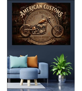 American Customs Motosiklet Vintage Tabela Dekoratif Kanvas - Mdf Ahşap Tablo