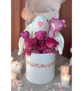 SOLE Premium Peluş Ayıcık ve 45cm Tavşan Buketi – Kalpli Sürpriz Kutusu Sevgiliye Özel