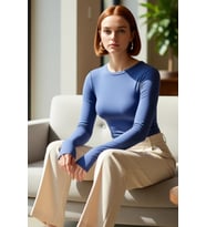Kadın Pembe Viskon Ribana Dokulu Fitted Bisiklet Yaka Uzun Kollu Crop Bluz Günlük Kullanıma Uygun