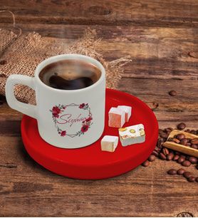 BK Gift Kişiye Özel Kırmızı Sunum Tabaklı Çiçek Tasarımlı Türk Kahvesi Fincanı Model 27