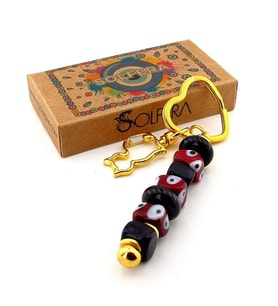 Bordo Siyah Murano Cam Nazar Boncuklu Çanta Süsü Kedi Charm Anahtarlık KY050