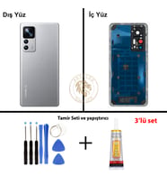 Xiaomi Mi 12T PRO Lensli Gümüş Arka Pil Kapağı Batarya Kapağı Lazer Kesim + Yapıştırıcı ve Vida Seti