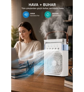 Glr HR001 Beyaz Sulu Fan Masa Üstü Mini Klima Vantilatör Işıklı Nemlendiricili Soğutucu Fan