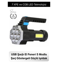 #Fener USB Şarjlı El Feneri 7 XPE COB LED 5 Modlu Şarj Göstergeli Güçlü Işıldak ABS Gövdeli Taşınabi