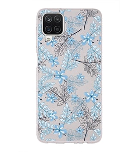Samsung Galaxy A12 Uyumlu Kapak Floral Mavi Tasarımlı Şeffaf Silikon Kılıf