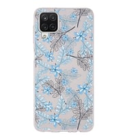 Samsung Galaxy A12 Uyumlu Kapak Floral Mavi Tasarımlı Şeffaf Silikon Kılıf