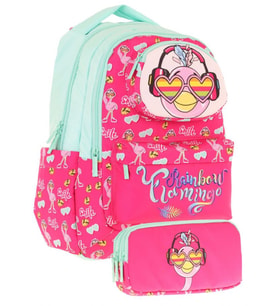 Kaukko Kids Toys Kız Çocuk Kırmızı Yeşil 3D Flamingo Şekilli İlkokul Çantası ve Kalemlik Seti (L5235+L8235)