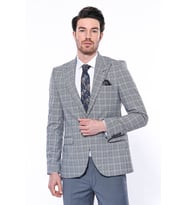 Ekose Desenli Slim Fit Gri Erkek Ceket - Wessi