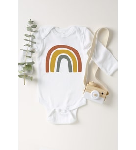 Unisex Bebek Beyaz Gökkuşağı Doğal Uzun Kol Çıtçıtlı Body