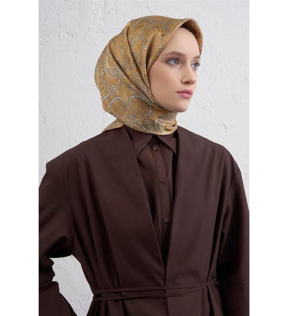 Armine Sura Saf İpek Eşarp 9421 - 05 Hardal Sarı Karışık Desen