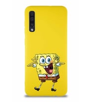Samsung Galaxy A50 Soft Premier Kapak Sünger Bob Tasarımlı Silikon Kılıf - Sarı (Şeffaf)