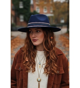 Bohem Dokunuşlu Şeritli Lacivert Fedora Şapka